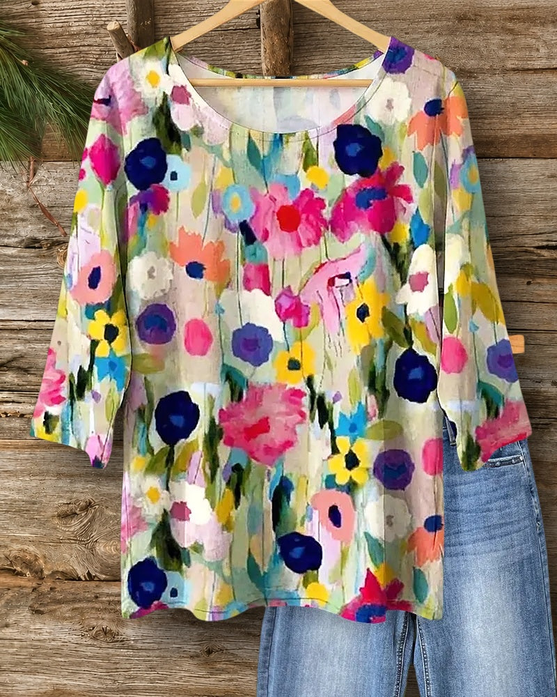 Watercolor Floral Print 3/4 Sleeve Round Neck Casual Blouse