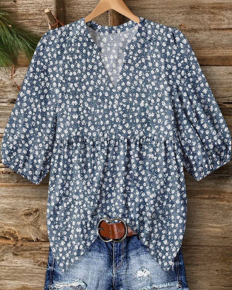 V Neck Puff Sleeve Ditsy Floral Gathered Waist Casual Blouse
