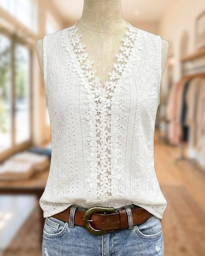 V Neck Lace Trim Eyelet Embroidery Sleeveless Casual Tank Top