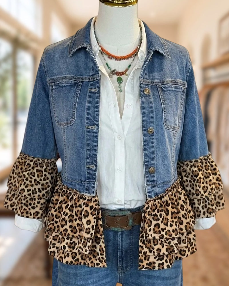 Leopard Print Ruffled Cuff Tiered Hem Denim Jacket