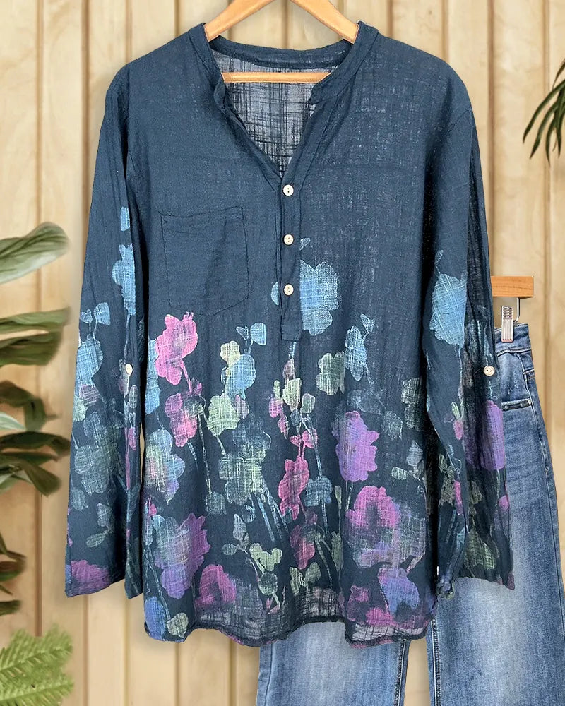 Floral Print Split Neck Pocket Casual Wear Blouse