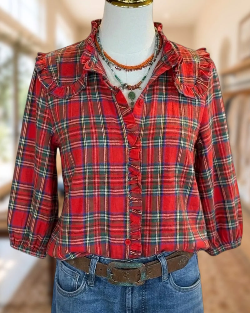 Ruffled Trim Plaid 3/4 Sleeve Button Front Blouse