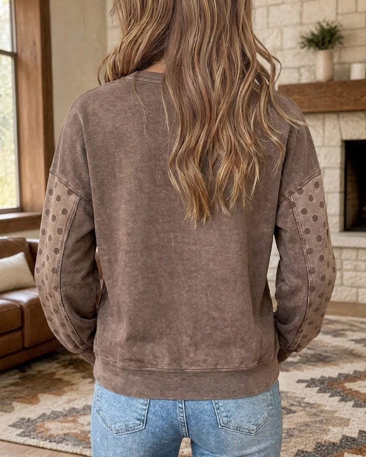 Long Sleeve Polka Dot Patchwork Flower Applique Crew Neck Sweatshirt