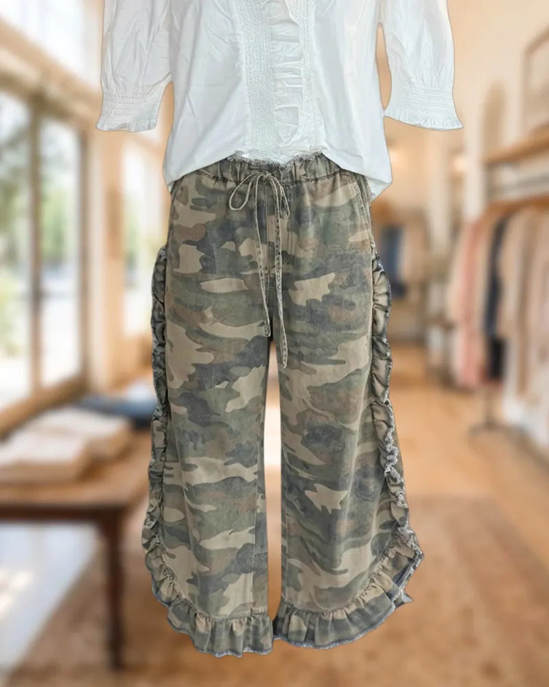 Ruffle Trim Drawstring Waist Camouflage Print Loose Casual Capri Set