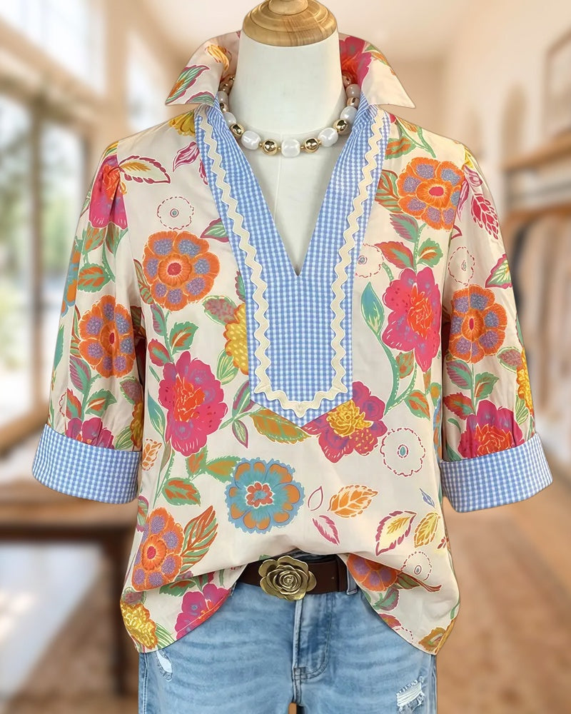 Floral Print Gingham Trim V Neck Boho Blouse