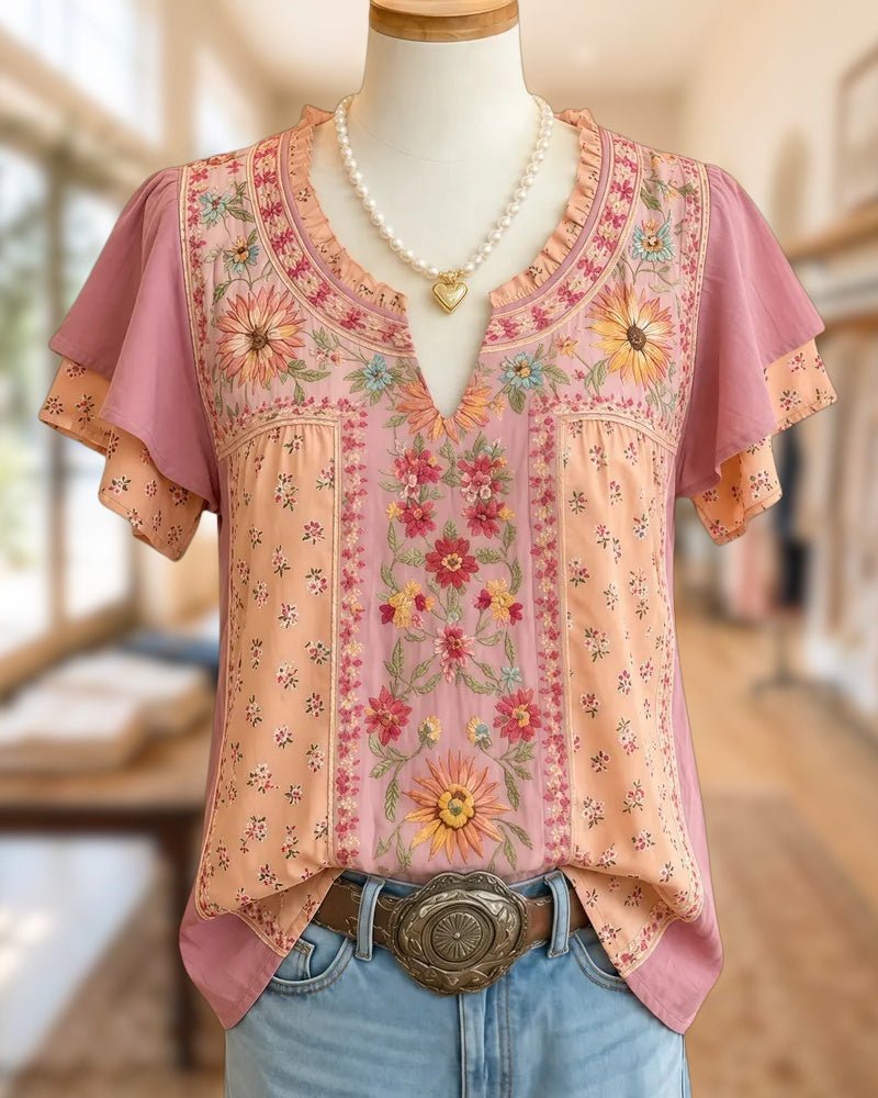 Ruffle Trim V Neck Floral Embroidered Flutter Sleeve Blouse