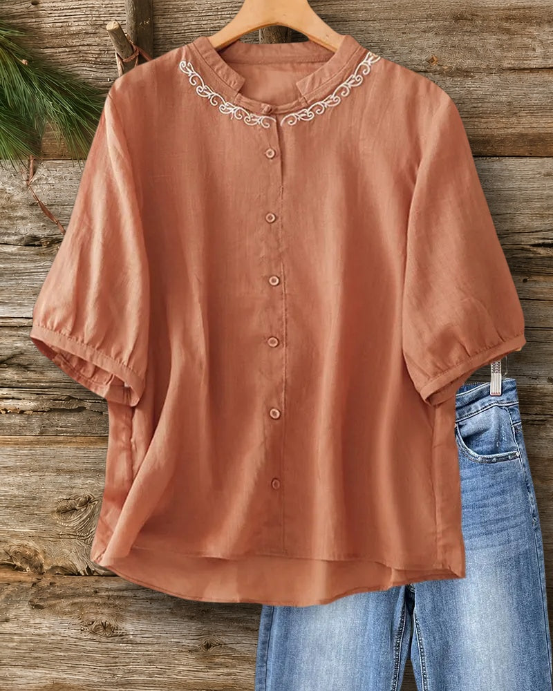Loose Fit Mandarin Collar Embroidered Button Front Puff Sleeve Blouse