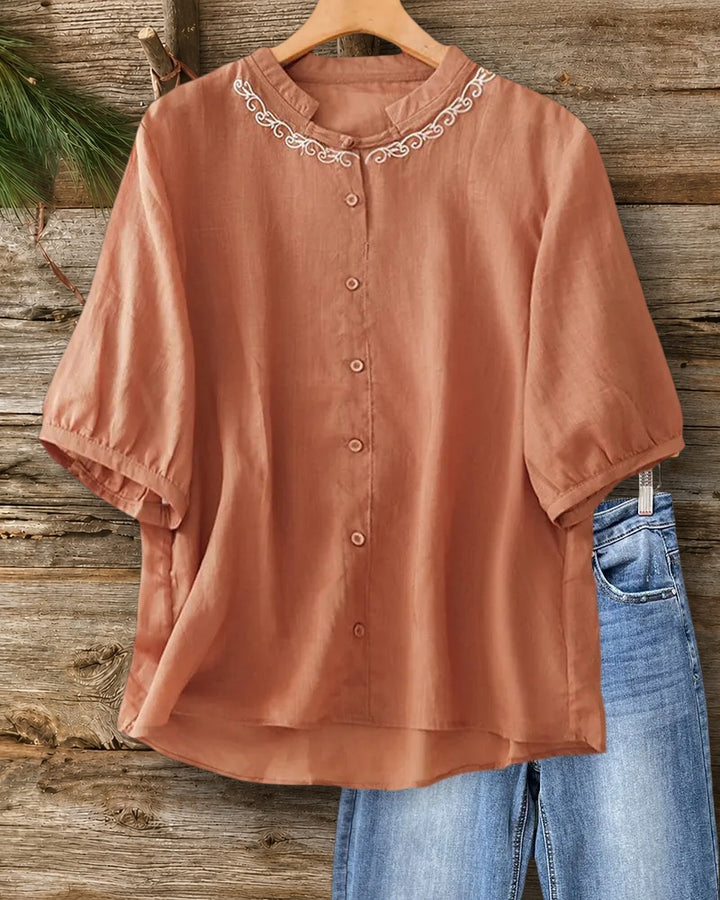Loose Fit Mandarin Collar Embroidered Button Front Puff Sleeve Blouse