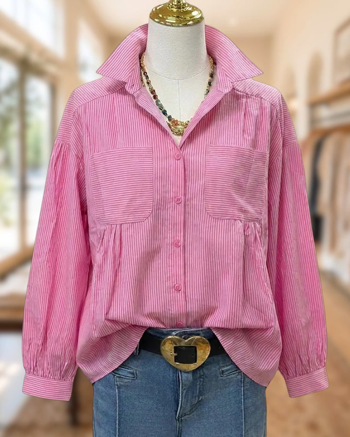 Long Sleeve Collared Striped Button Up Shirt With Patch Pockets