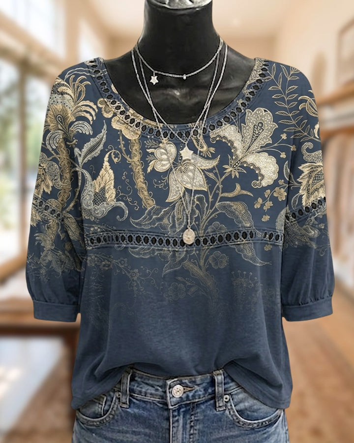 Boho Lace Trim 3/4 Sleeve Blouse
