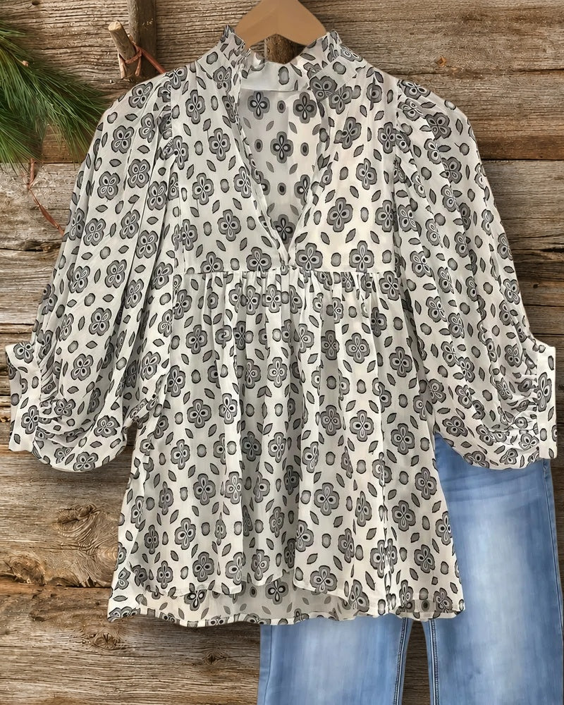 Floral Print V Neck Puff Sleeve Floaty Blouse