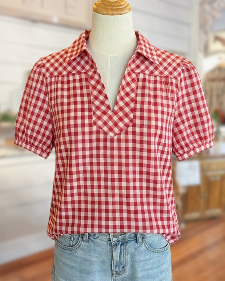 Collared Gingham Puff Sleeve V-neck Relaxed Fit Casual Blouse