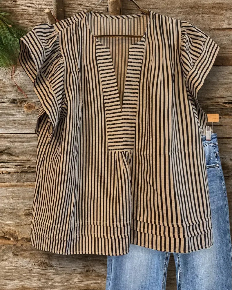 Striped V Neck Flutter Sleeve Loose Relaxed Casual Blouse