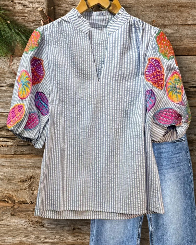 Embroidered Puff Sleeve Chic V Neck Striped Blouse