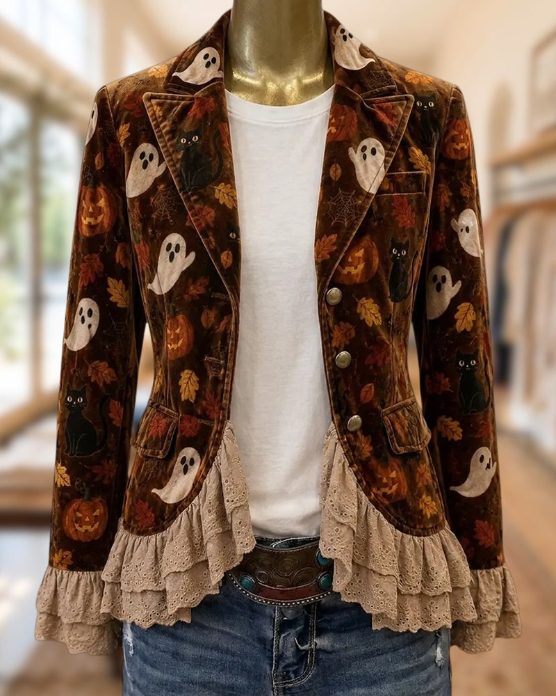 Halloween Print Lace Ruffle Trim Lapel Single Breasted Blazer