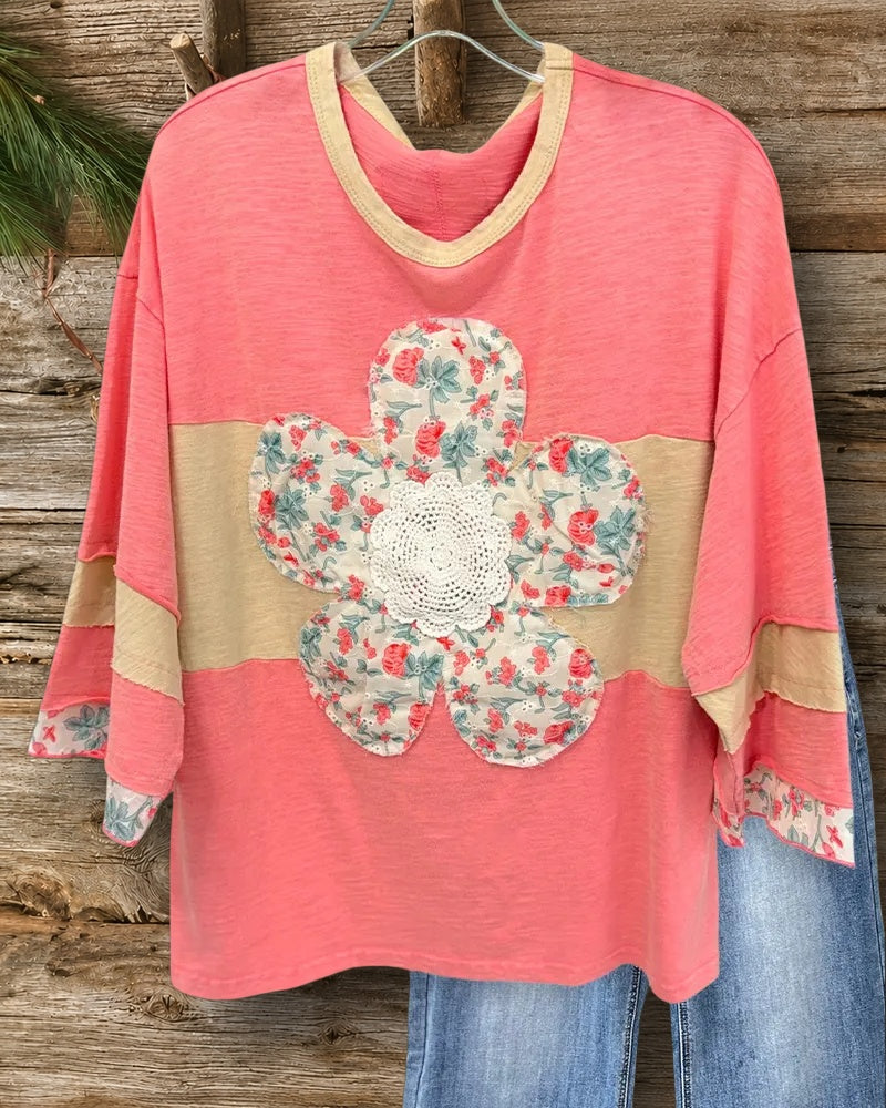 Crochet Floral Applique Patchwork Contrast Trim Loose T-Shirt