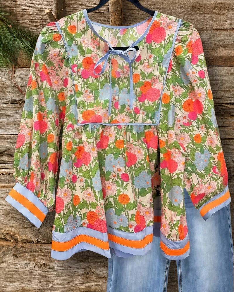 Patchwork Urban Tie Neck Floral Print Blouse