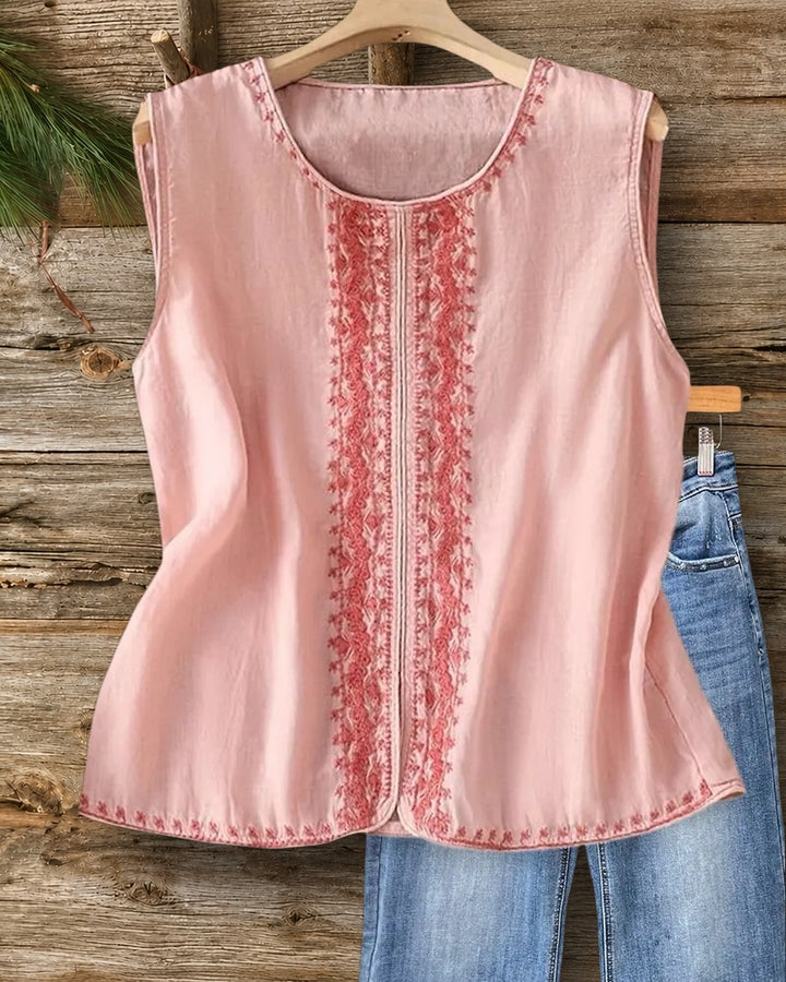 Round Neck Embroidered Sleeveless Split Hem A-Line Top