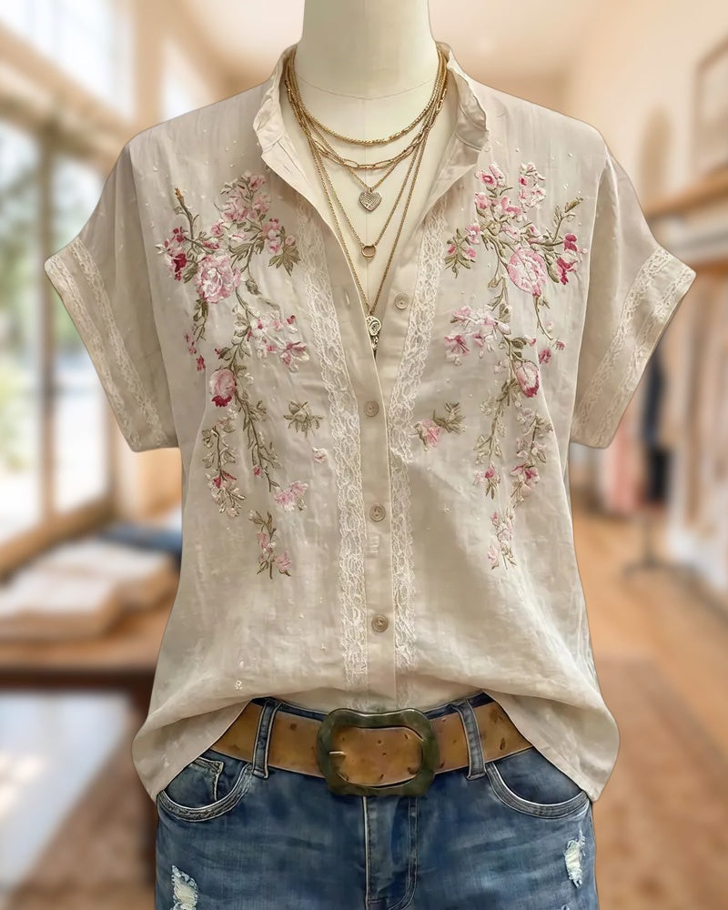 Floral Embroidered Lace Trim Button Front Short Sleeve Blouse