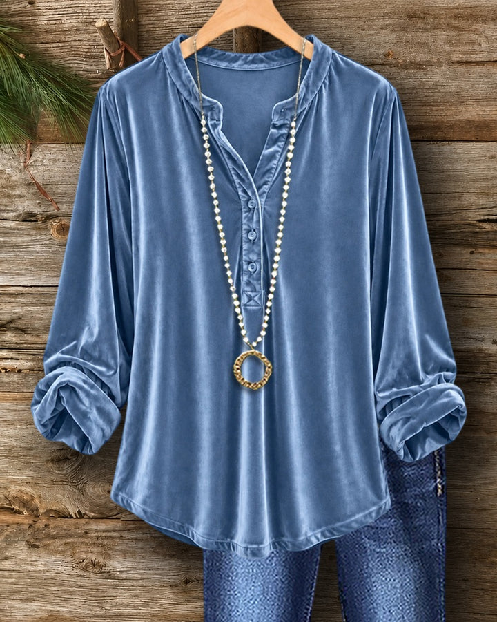 Velvet Half Button Placket Roll Sleeve Loose Casual Blouse