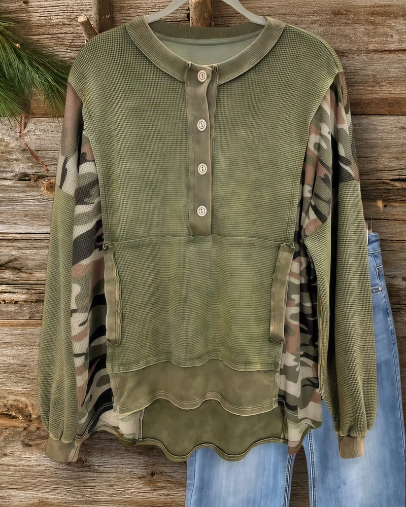 Camouflage Patchwork Versatile Henley Shirt