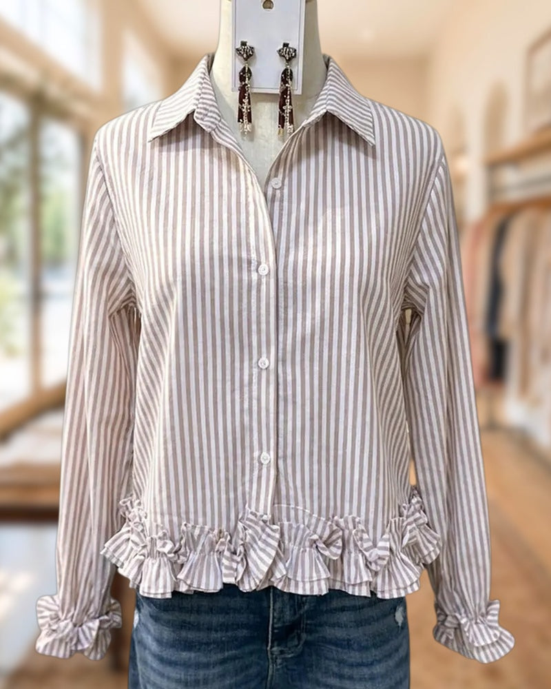 Striped Collared Ruffle Hem Long Sleeve Button Front Shirt
