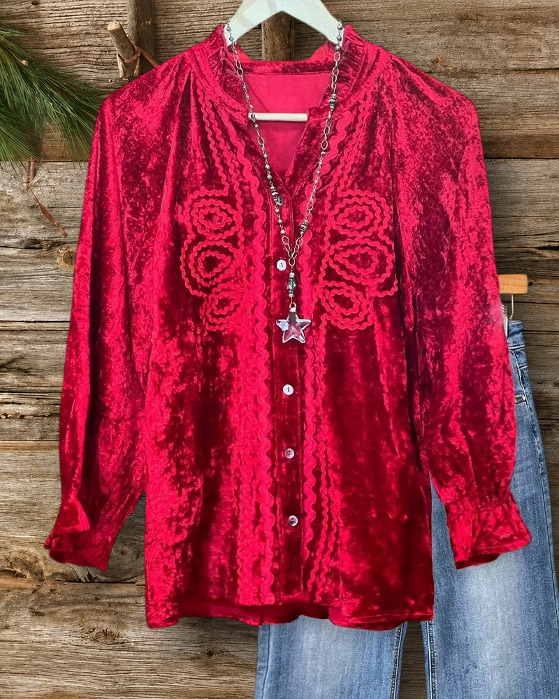 Ricrac Decor Stylish Button Up Velvet Blouse