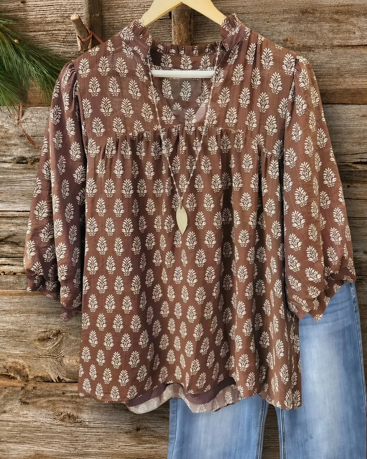Floral Print V Neck Puff Sleeve Relaxed Blouse