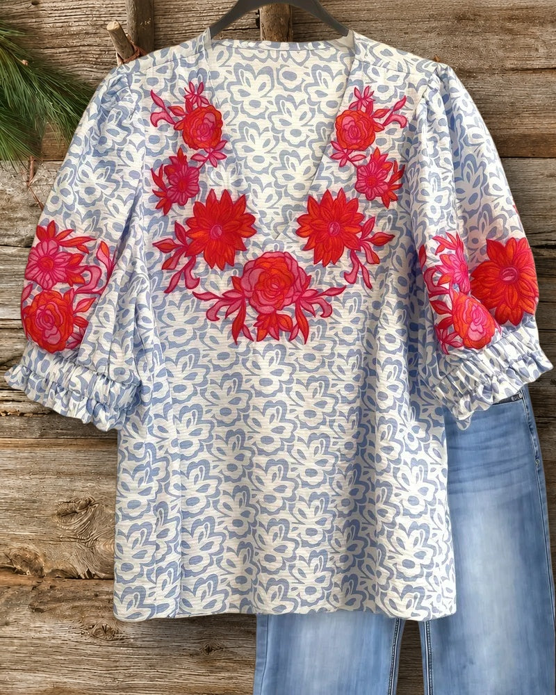 Floral Print Puff Sleeve On-trend Blouse