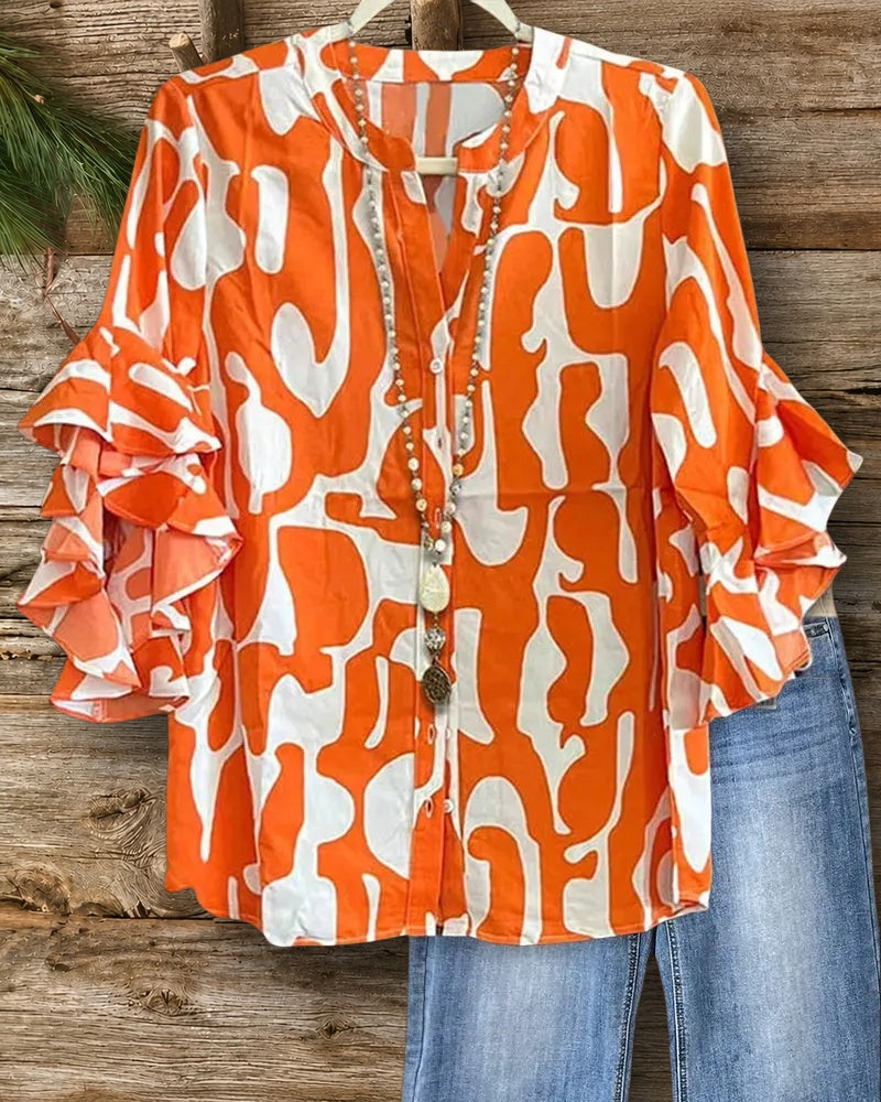 Graphic Print Ruffle Sleeve Urban Button Blouse