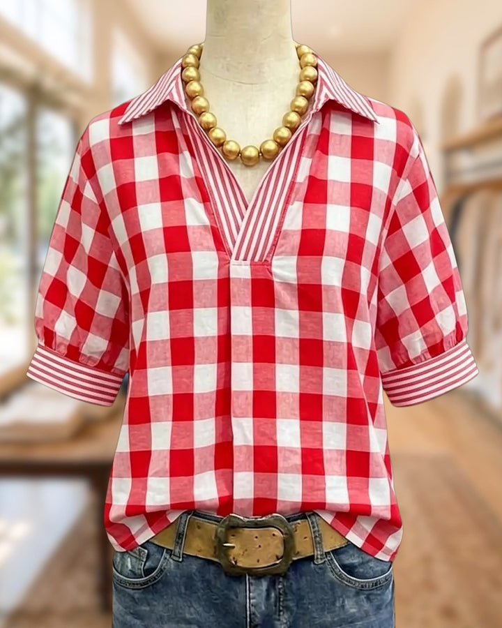 Plaid Print Contrast Stripe Trim Collared Short Sleeve Casual Shirt