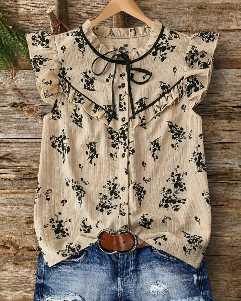 Floral Print Ruffle Trim Tie Neck Button Front Blouse