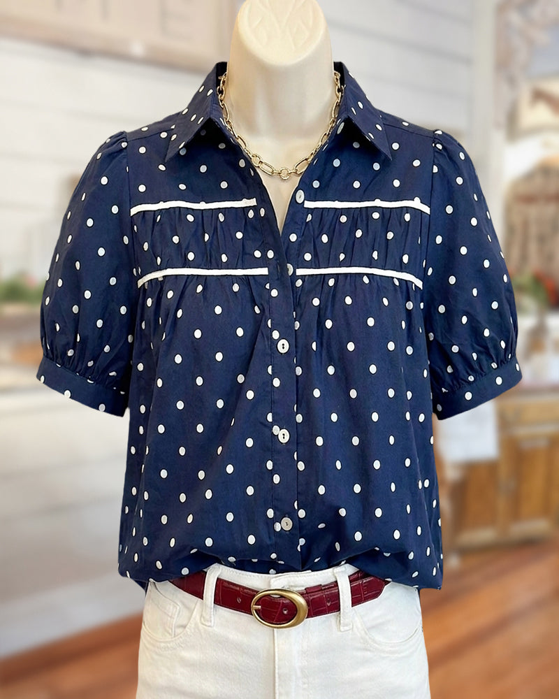 Polka Dot Puff Sleeve Collared Button Front Casual Blouse