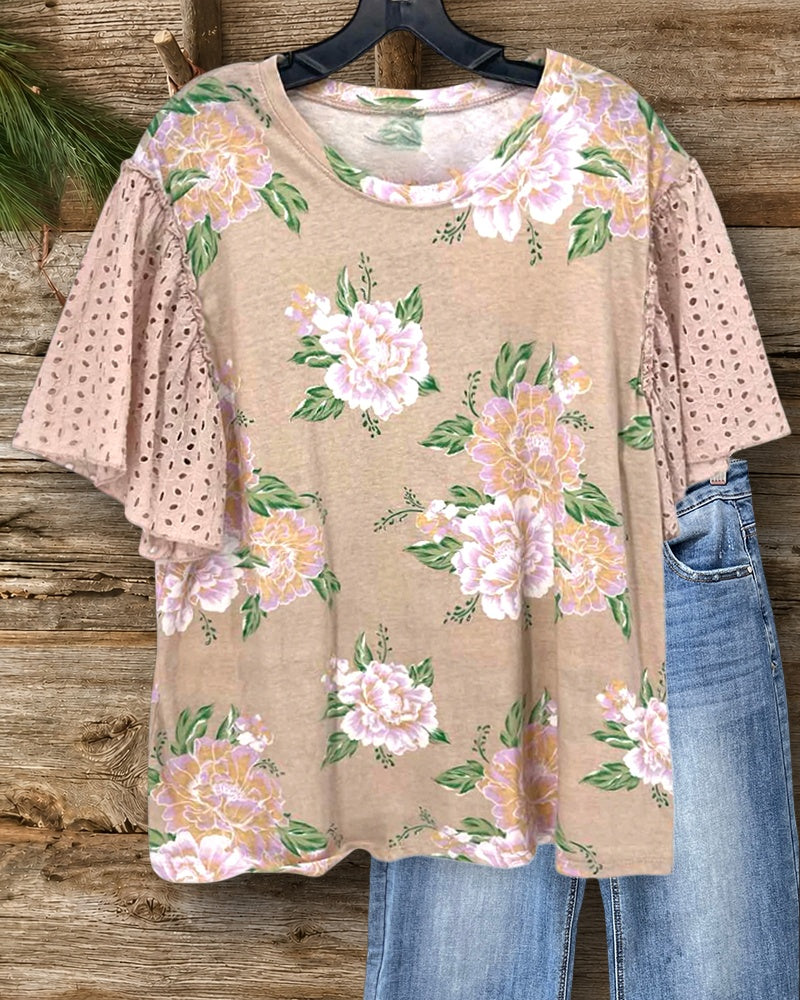 Floral Print Rocking Eyelet Ruffle Sleeve Blouse