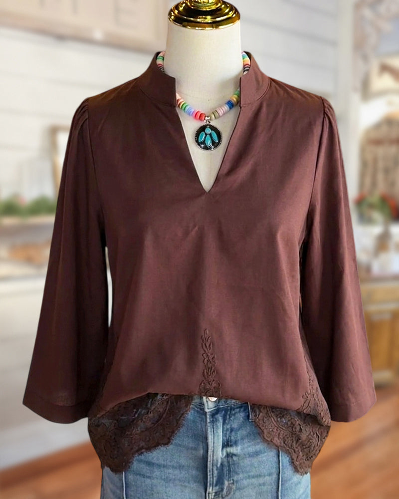 V Neck 3/4 Sleeve Lace Trim Blouse