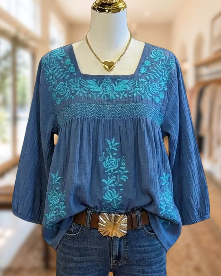 Square Neck Floral Embroidered 3/4 Sleeve Gathered Loose Blouse