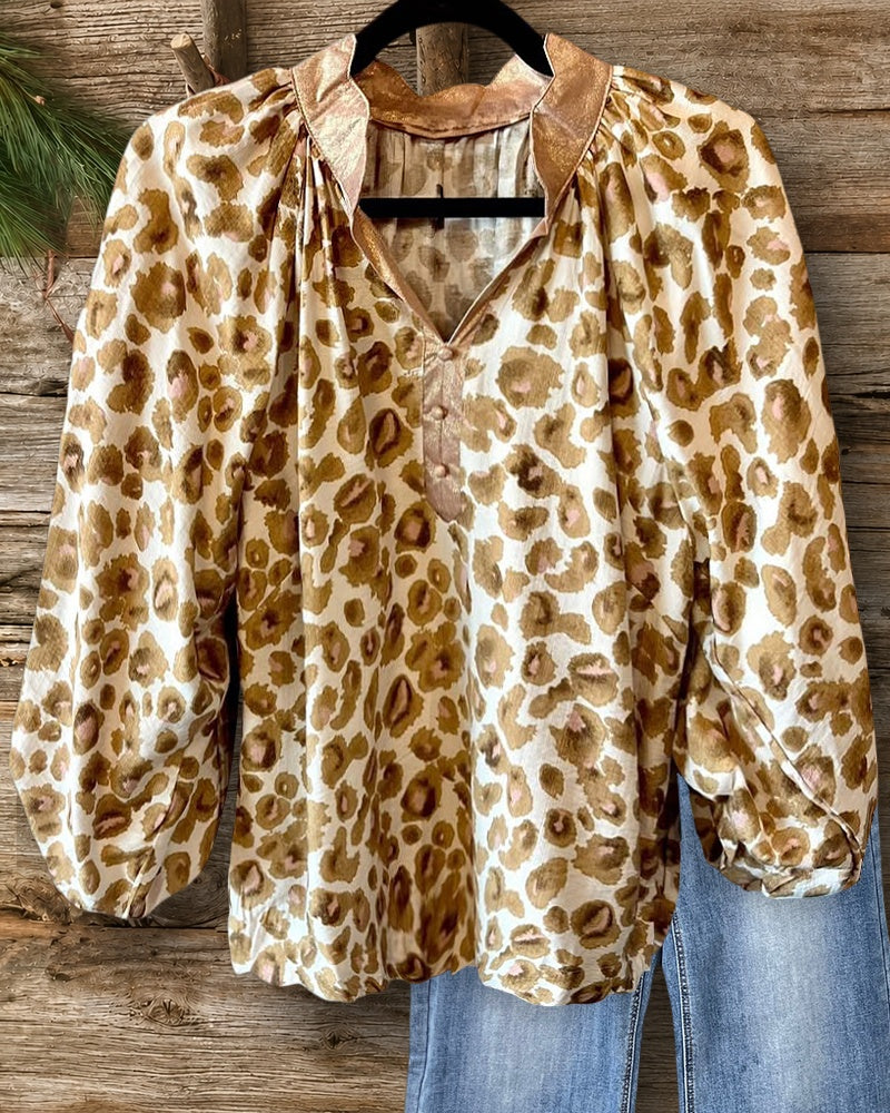 Leopard Print Bold V Neck Blouse