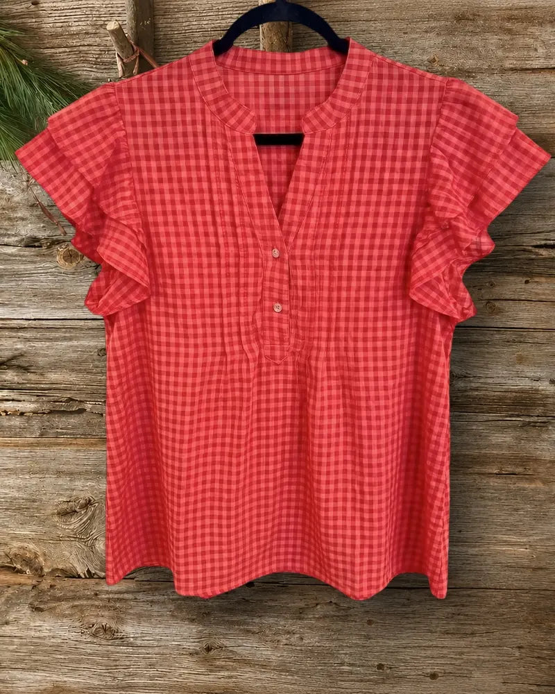 Plaid Ruffle Sleeve V Neck Half Placket Casual Lightweight Blouse