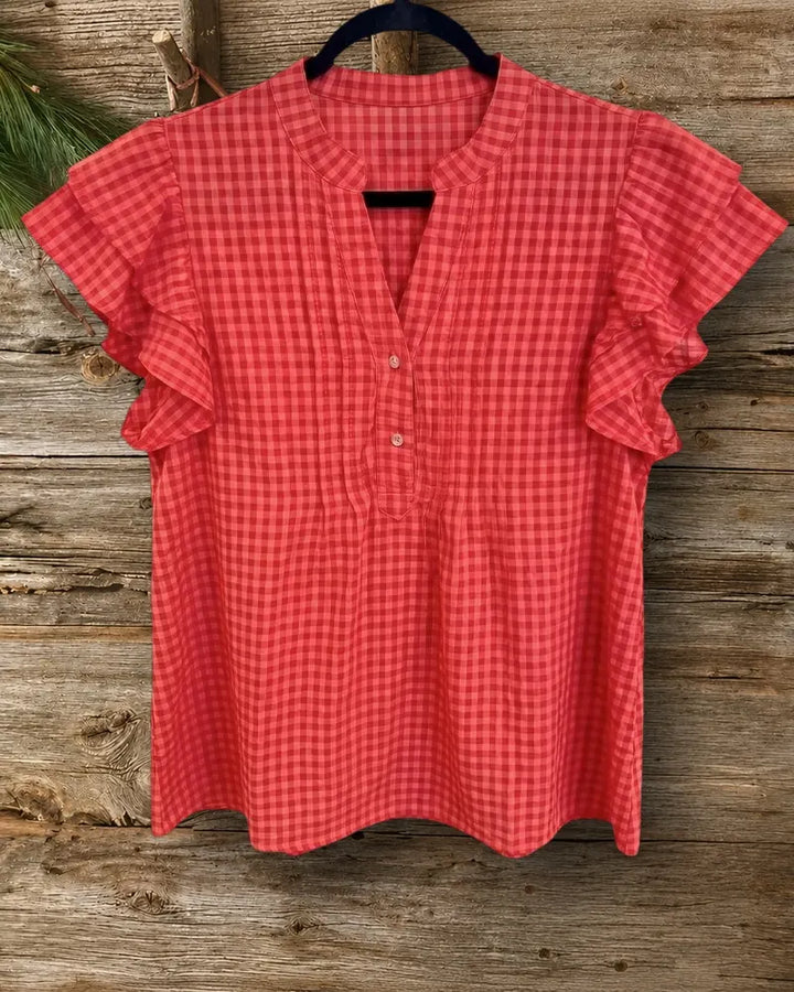 Plaid Ruffle Sleeve V Neck Half Placket Casual Lightweight Blouse