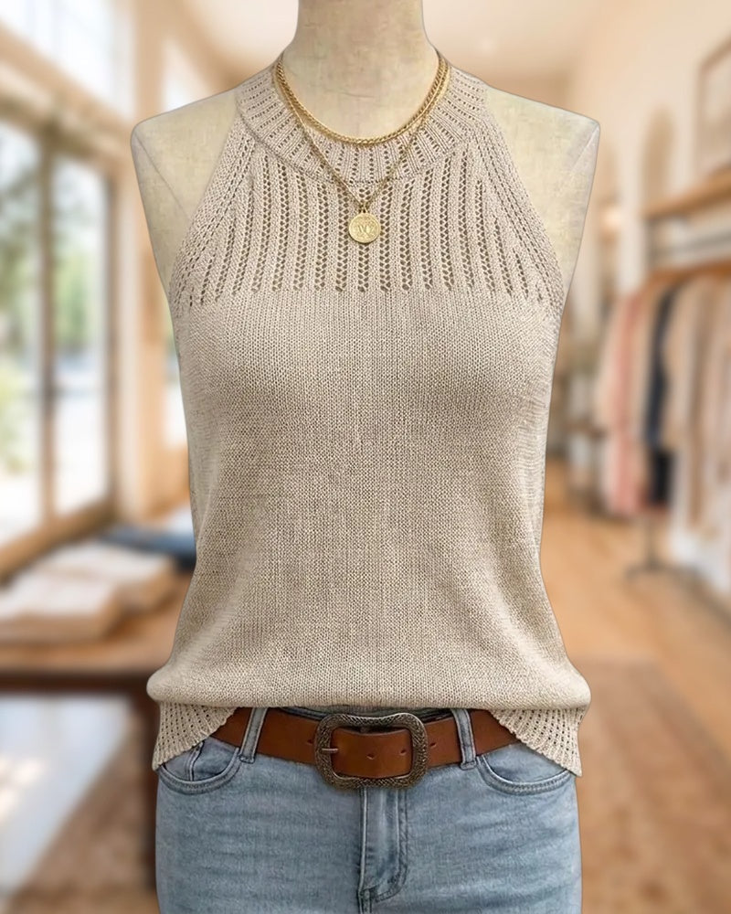 Halter Neck Pointelle Knit Sleeveless Casual Tank Top