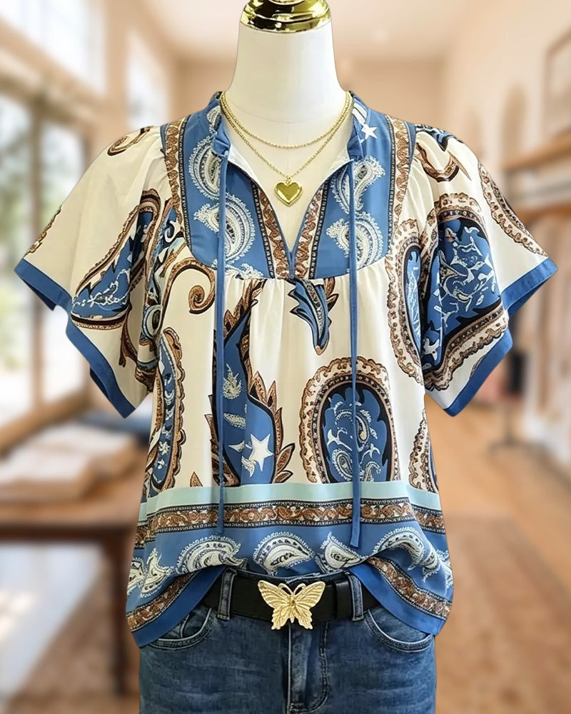 Paisley Print Tie Neck Short Sleeve Casual Loose Blouse