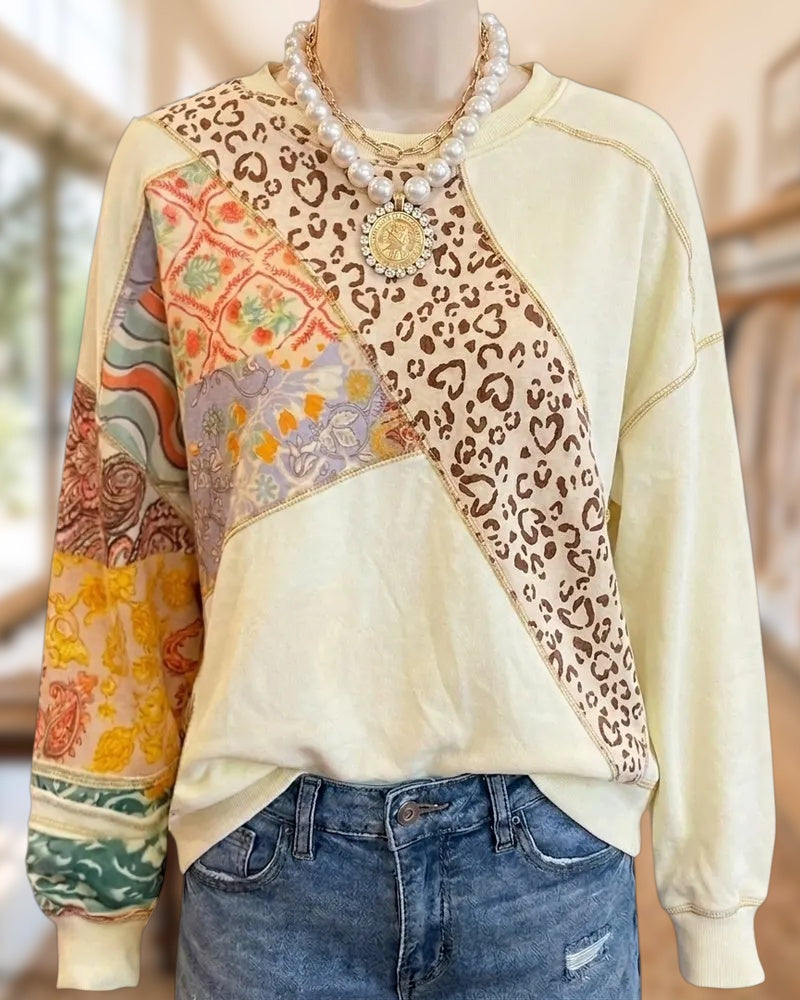 Patchwork Leopard Print Long Sleeve Crew Neck Casual Sweatshirt
