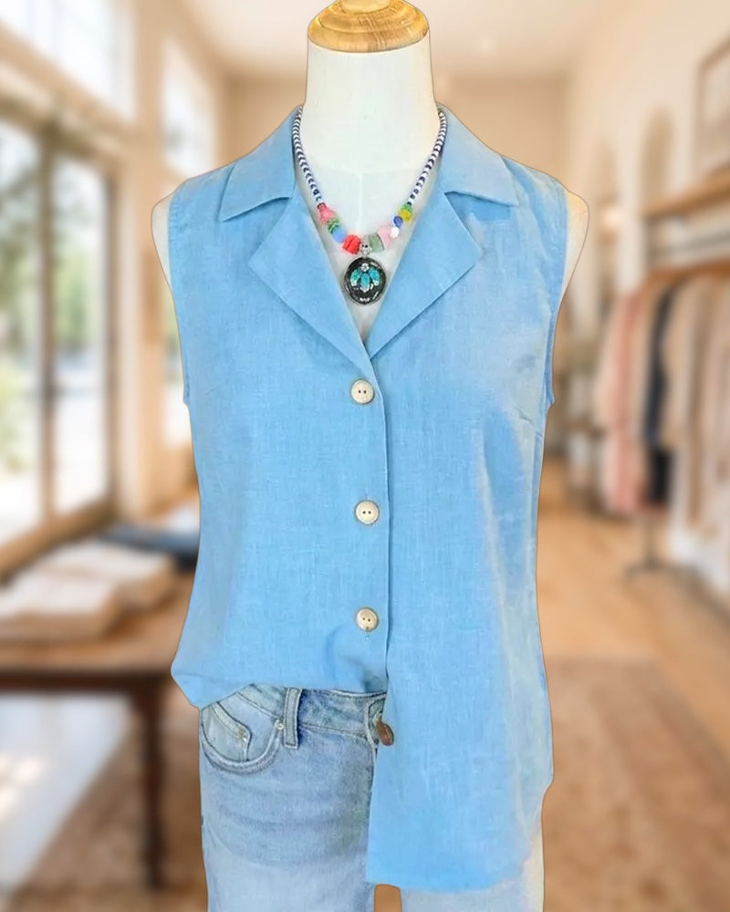 Sleeveless Collared Button Front Asymmetrical Hem Casual Shirt