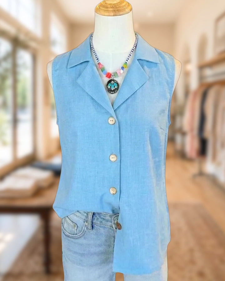 Sleeveless Collared Button Front Asymmetrical Hem Casual Shirt