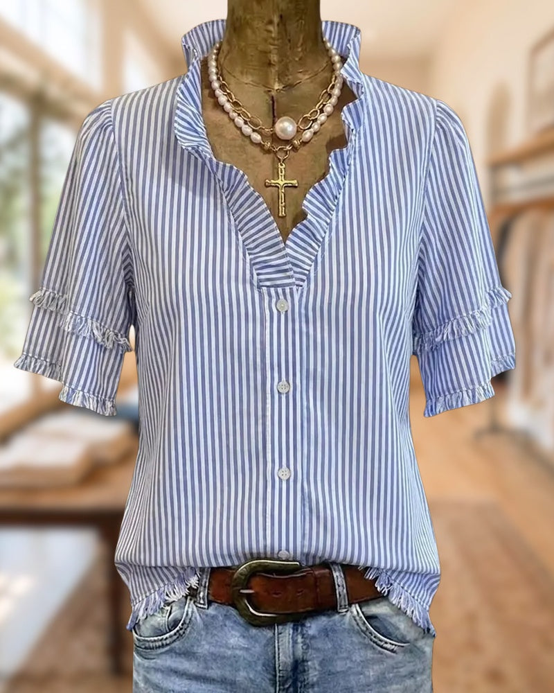 Ruffled V Neck Striped Button Front Short Sleeve Blouse