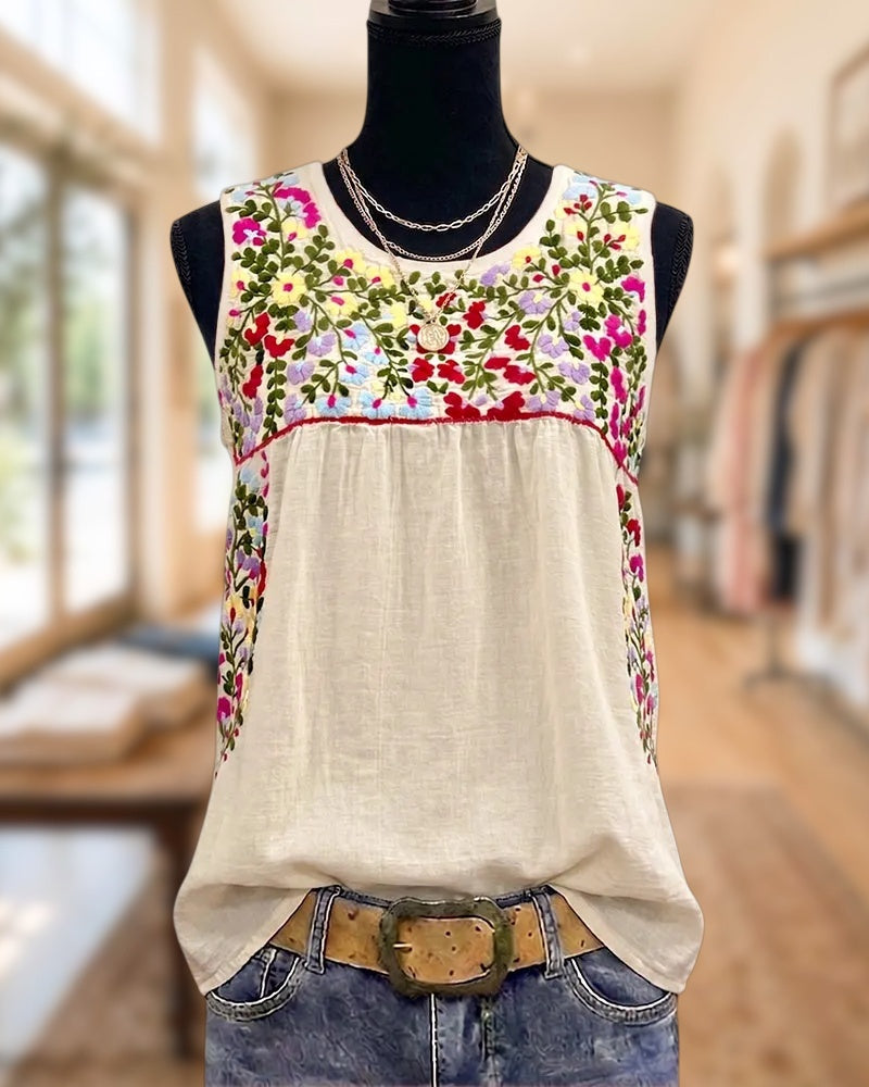 Floral Embroidered Sleeveless Casual Summer Tank Top
