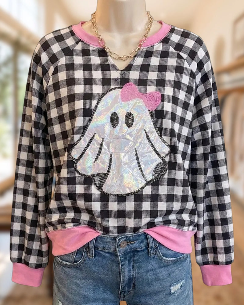 Plaid Ghost Applique Contrast Trim Raglan Sleeve Sweatshirt
