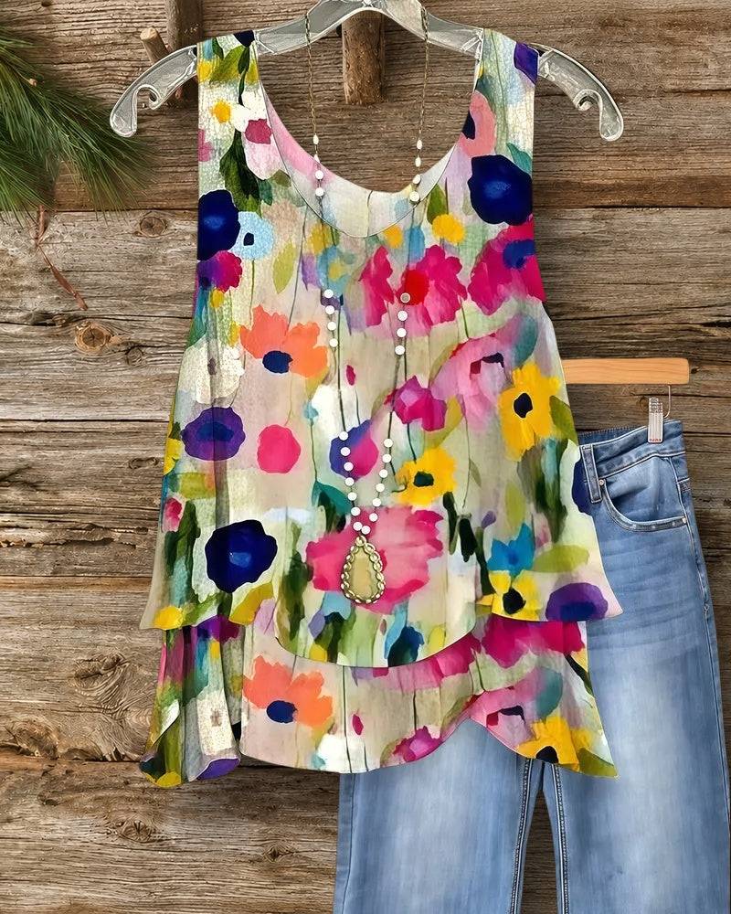 Floral Print Sleeveless Urban Tiered T-Shirt