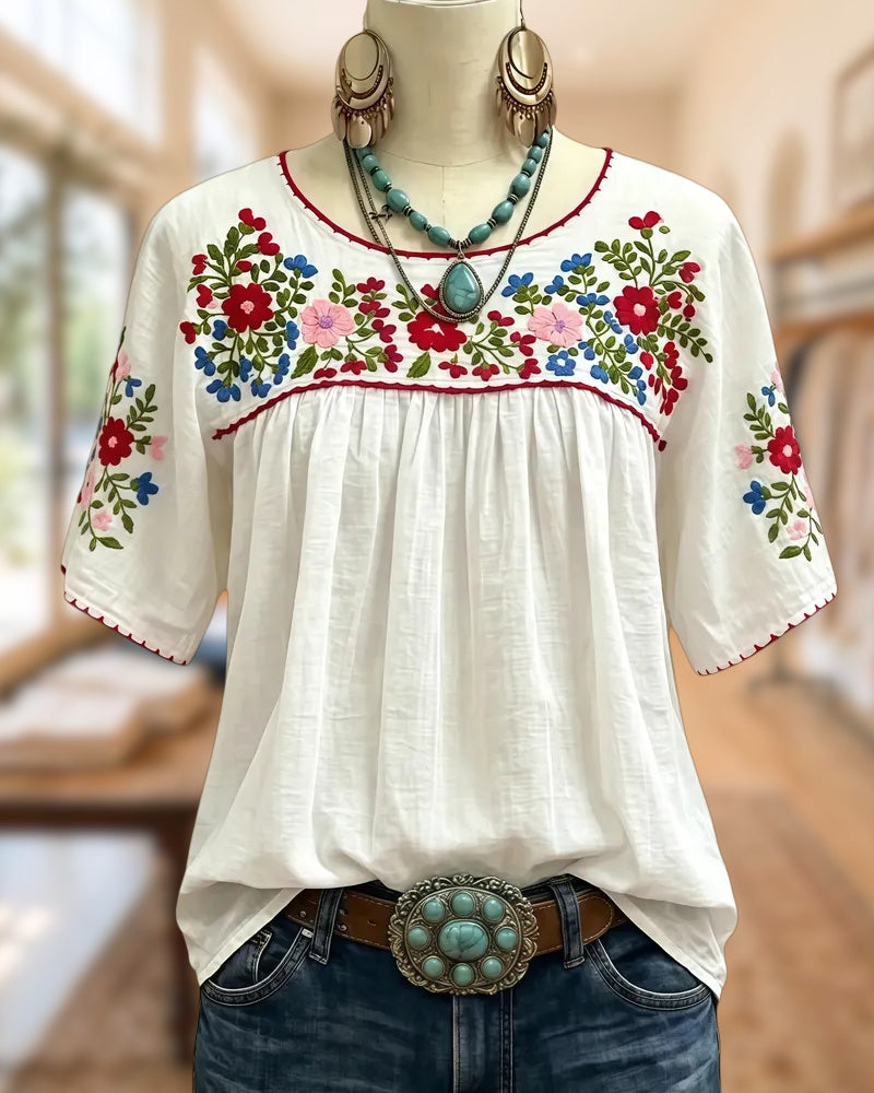 Floral Embroidered Loose Gathered Scoop Neck Short Sleeve Blouse