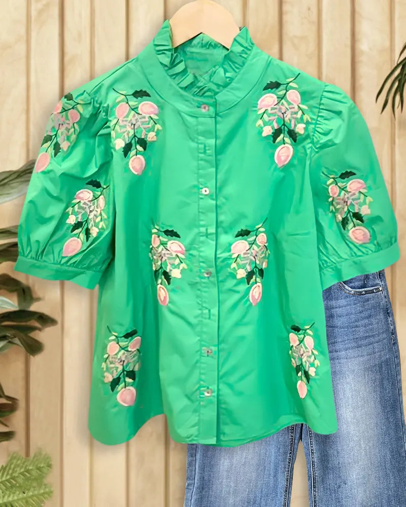 Floral Print Elegant Ruffled Collar Button Up Blouse